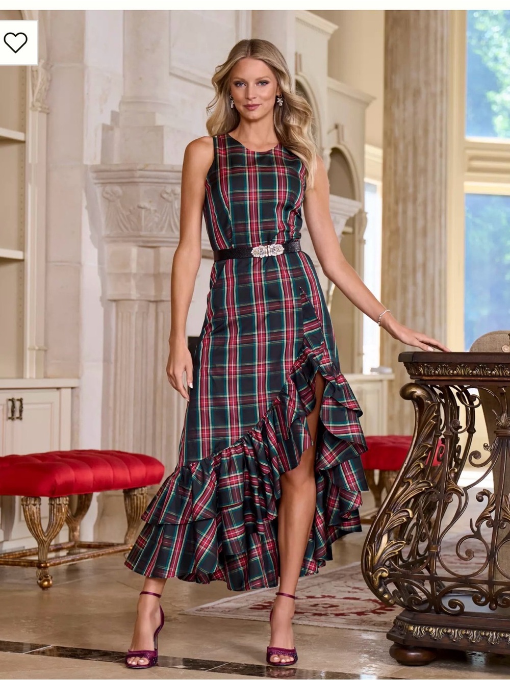 Boston Proper Green and Red Plaid Ruffle High-Low Dress